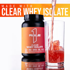 Rule 1 Clear Whey Isolate taste splash highlights fruity aroma and light finish.
