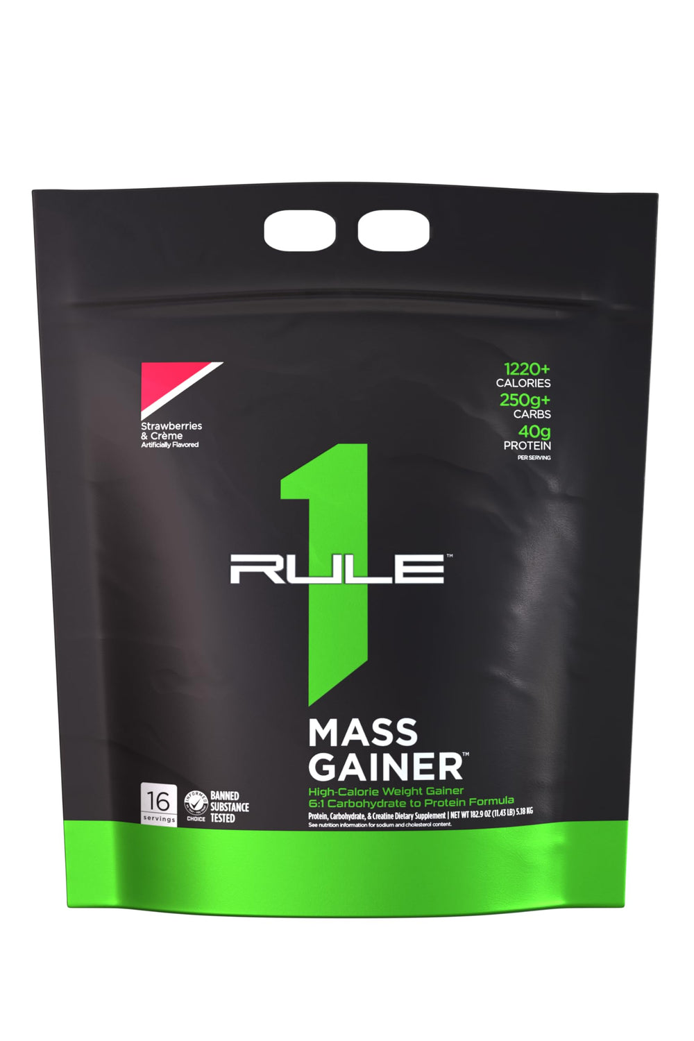 Rule1 Mass Gainer bottle front view for bulk gains