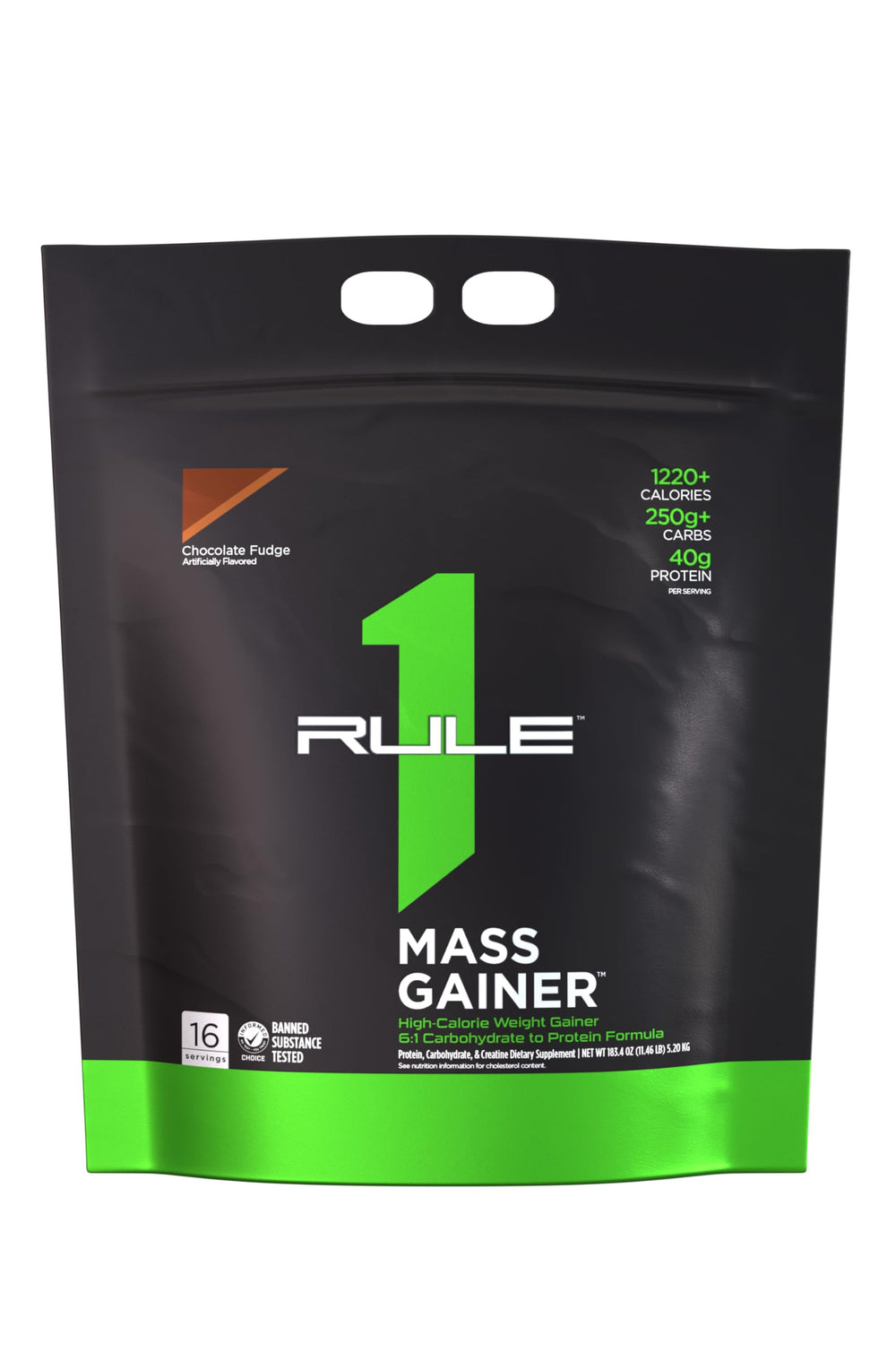 Rule1 Mass Gainer chocolate fudge label on can, showcasing a high-calorie protein formula.