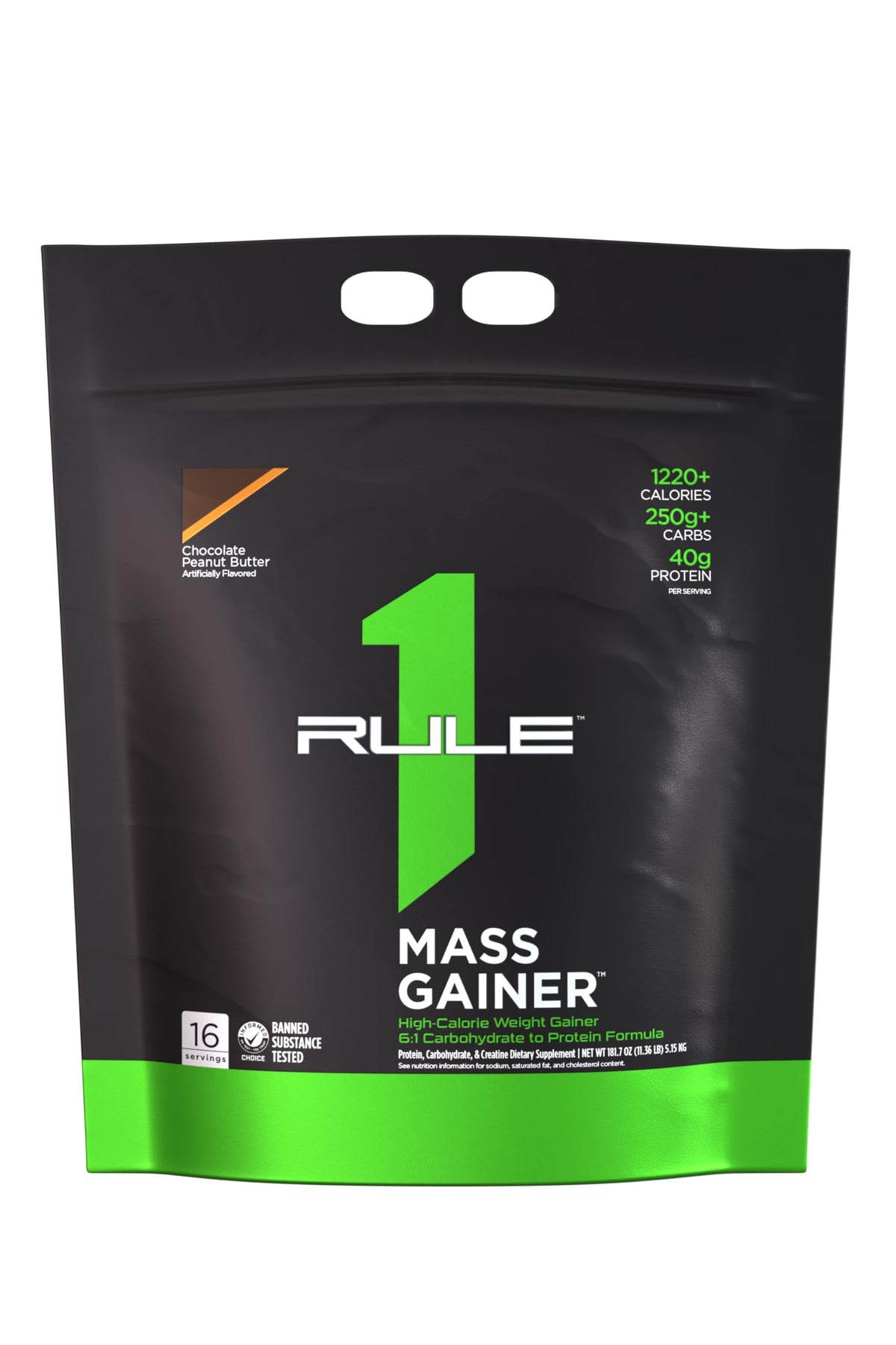 Rule1 Mass Gainer bottle shows 1,220 calories per serving for steady energy.