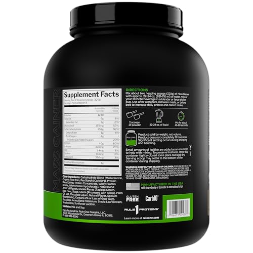 Rule1 Mass Gainer nutrition panel shows 1,220+ calories per serving.