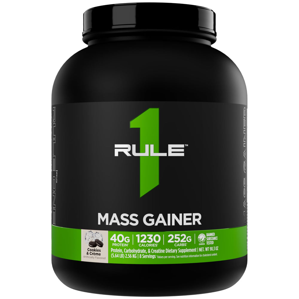 Rule1 Mass Gainer packaging front highlights high calories for athletes.