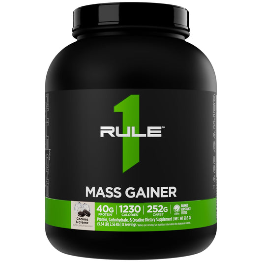 Rule1 Mass Gainer packaging front highlights high calories for athletes.