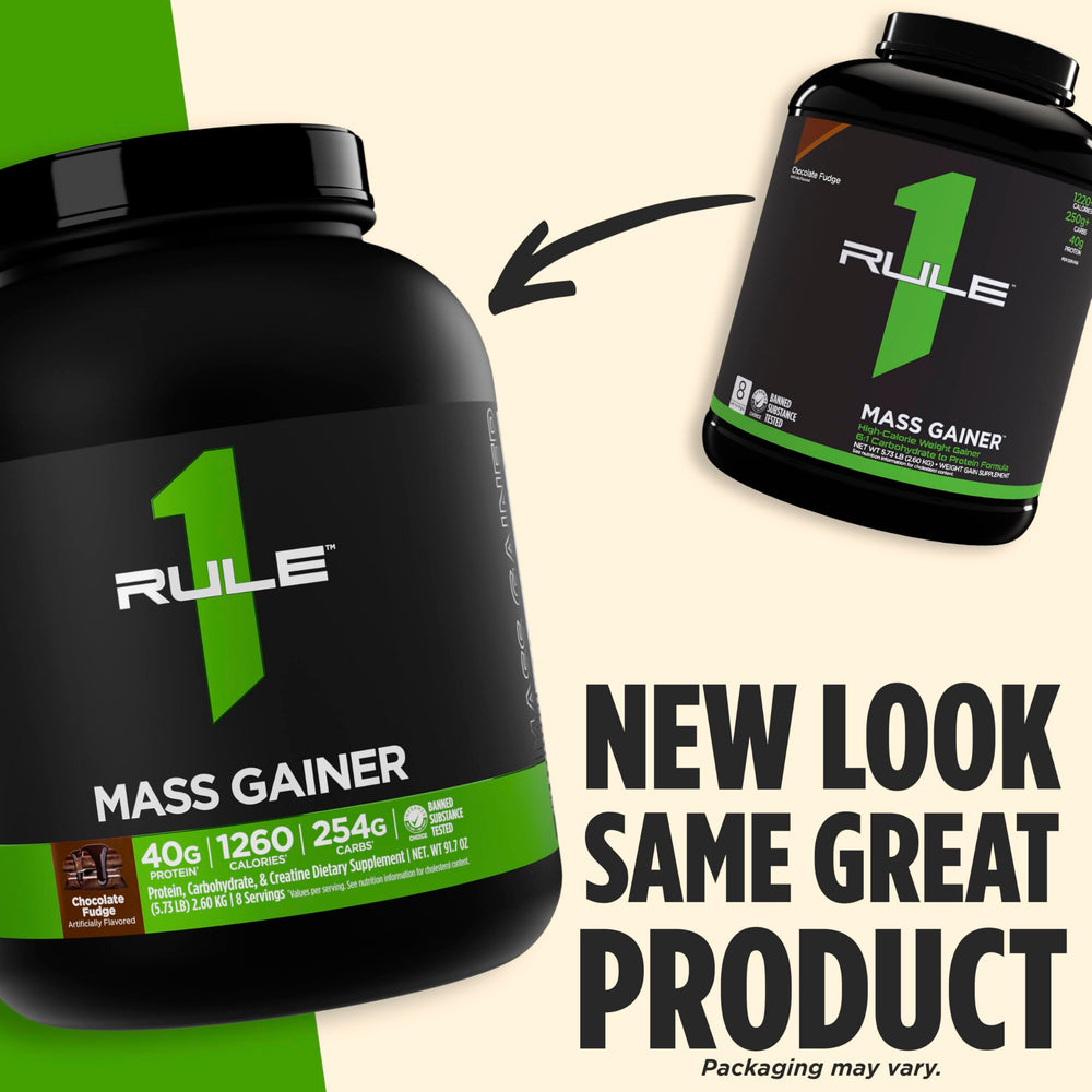 Rule1 Mass Gainer serving scoop with measurement for calories