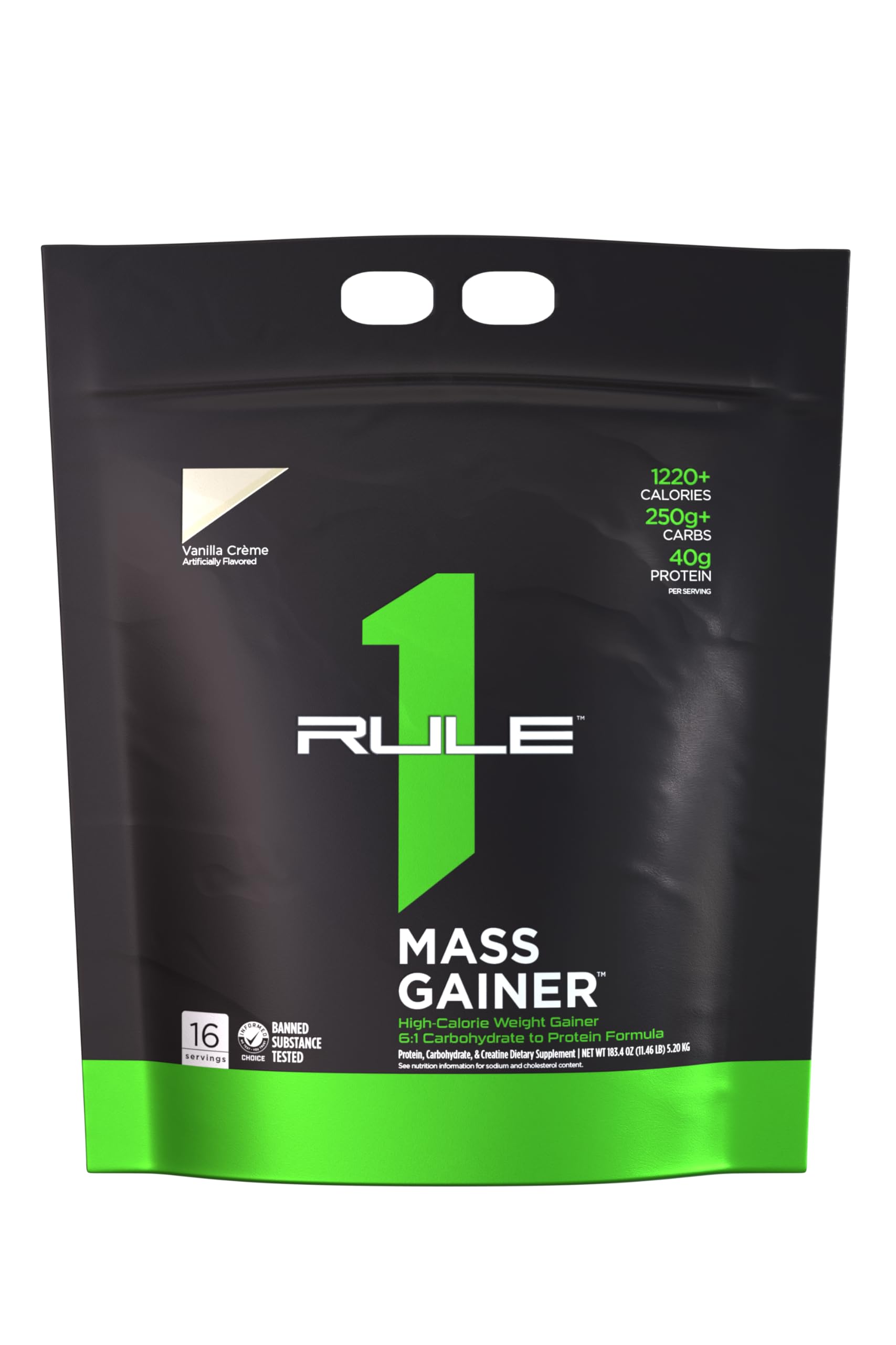 Rule1 Mass Gainer vanilla creme bottle showing creamy high-calorie formula for athletes