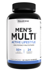 Rule1 Men's Multi bottle front showing a complete daily nutrient lineup for active men