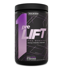 Rule 1 preLIFT bottle label close-up highlighting transparent ingredient disclosures for informed pre-workout choices.