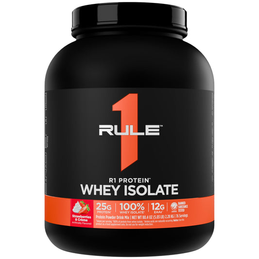 Rule 1 Proteins R1 Whey Isolate bottle shows fast-acting protein for post-workout fueling