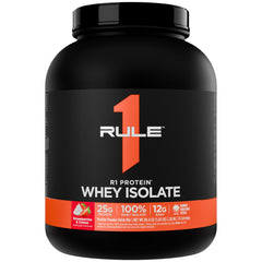 Rule 1 Proteins R1 Whey Isolate bottle shows fast-acting protein for post-workout fueling