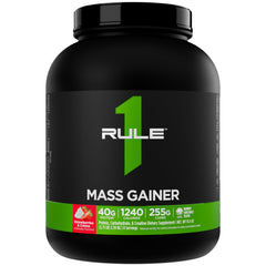 Rule1 Mass Gainer bottle front highlighting high calories for weight gain support.