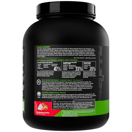 Rule1 Mass Gainer nutrition panel shows macros for calorie-dense planning.