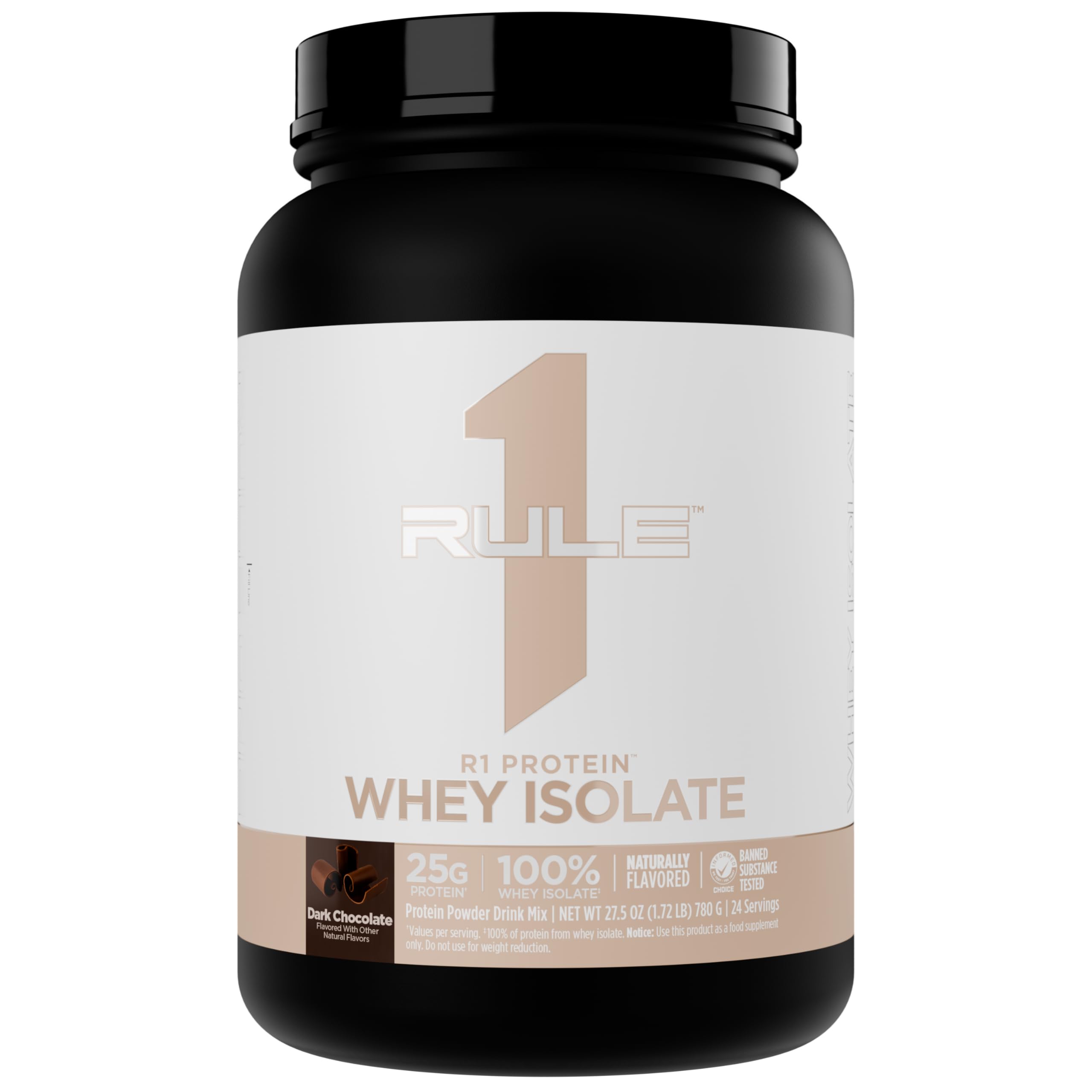 Rule 1 R1 Whey Isolate bottle in dark chocolate flavor for post workout protein