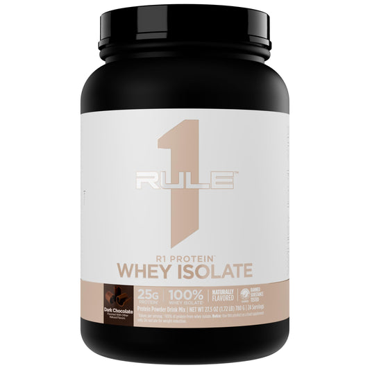 Rule 1 R1 Whey Isolate bottle in dark chocolate flavor for post workout protein