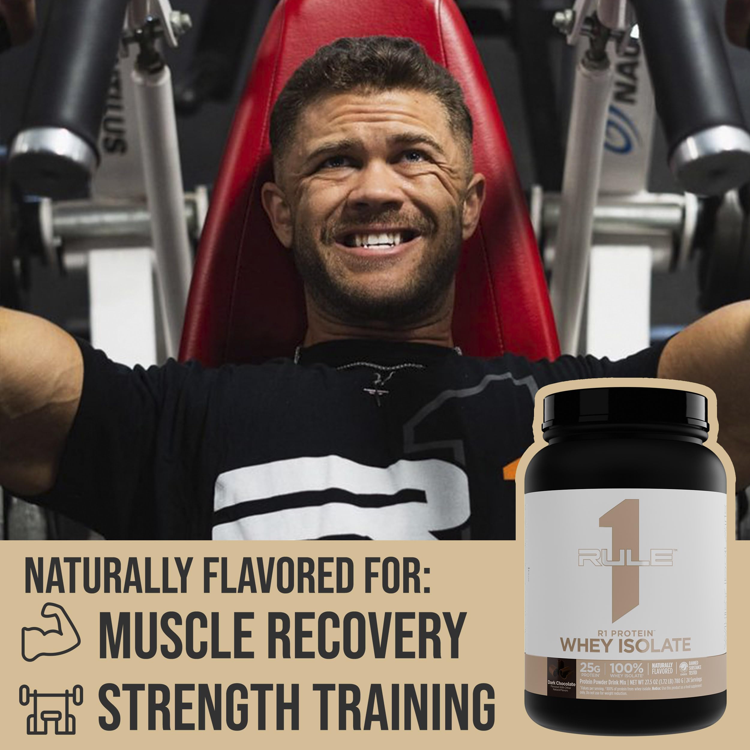 Rule 1 R1 whey isolate powder ready to mix in a glass