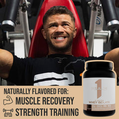 Rule 1 R1 whey isolate powder ready to mix in a glass