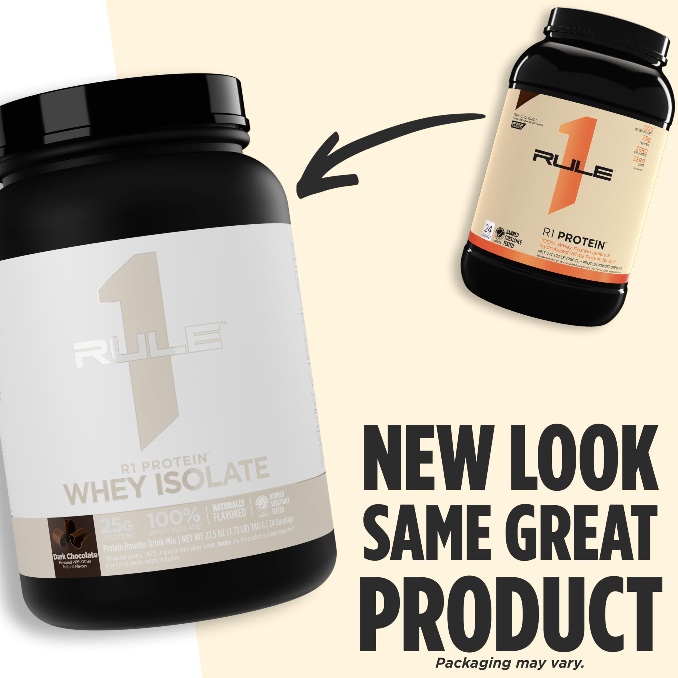 Rule 1 R1 whey isolate powder pouring into glass for mix