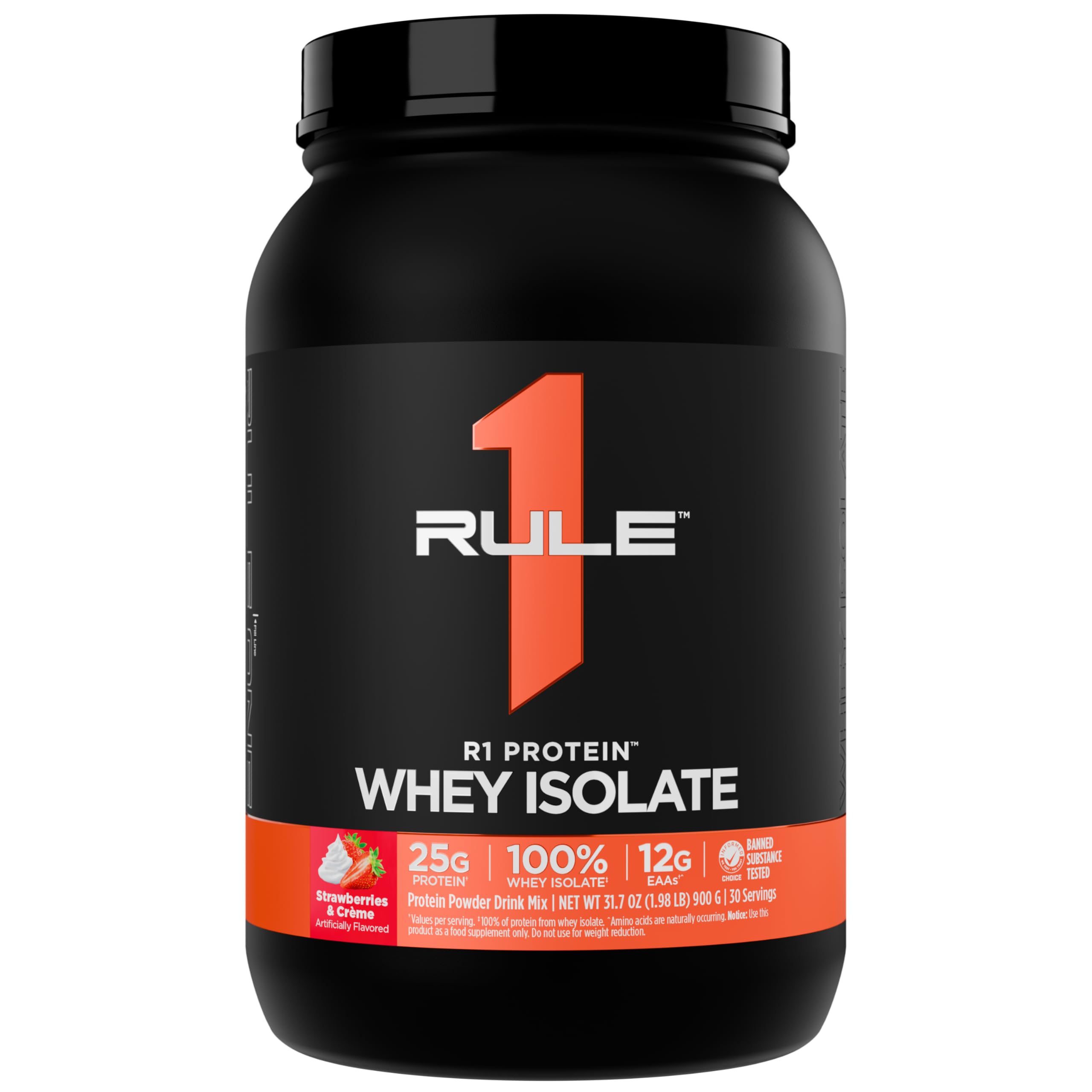 Rule 1 R1 Protein Whey Isolate bottle front highlights premium post-workout option.
