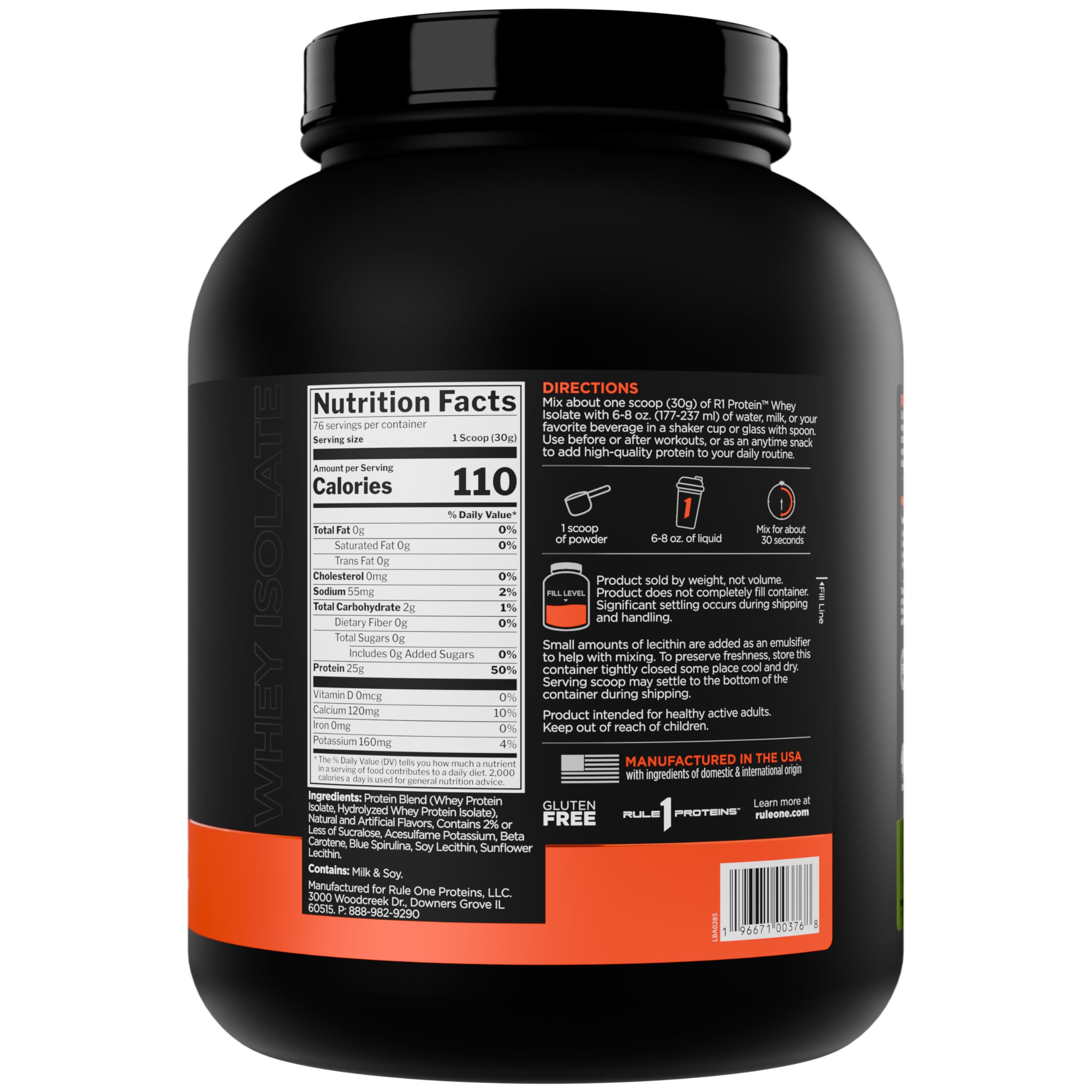 Rule 1 R1 Protein Whey Isolate bottle side view highlighting clear label quality.