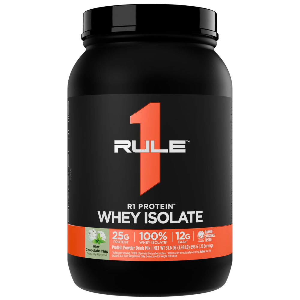 Rule 1 Whey Isolate bottle front shows 25 g protein per serving for workout support.