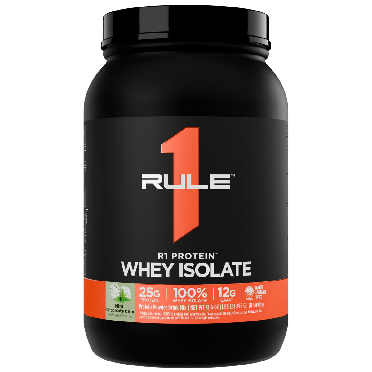 Rule 1 Whey Isolate bottle front shows 25 g protein per serving for workout support.
