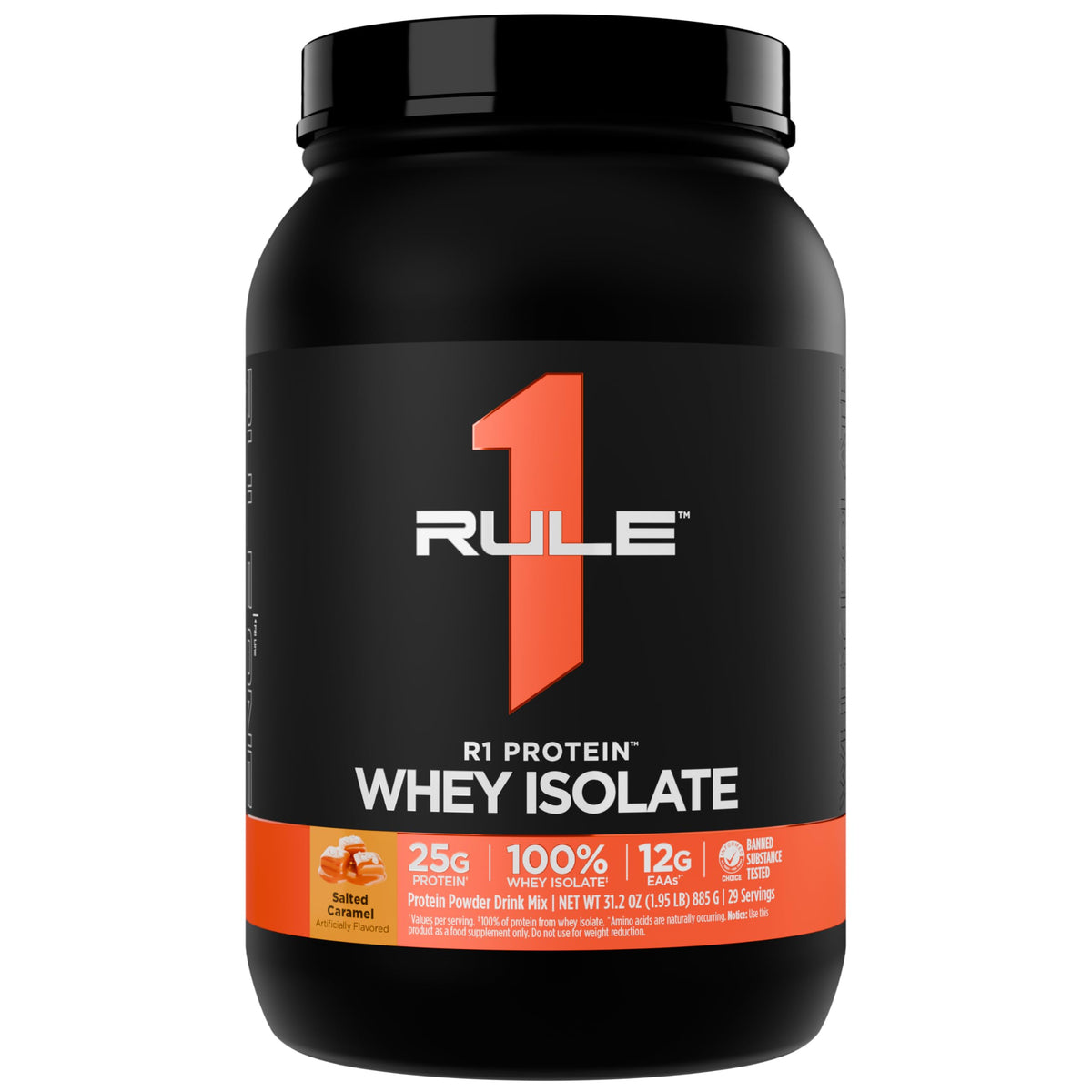 Rule 1 Proteins whey isolate tub front with salted caramel flavor