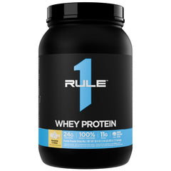 Rule 1 Whey Protein Banana Crème bottle showing 24g protein per serving for daily fueling