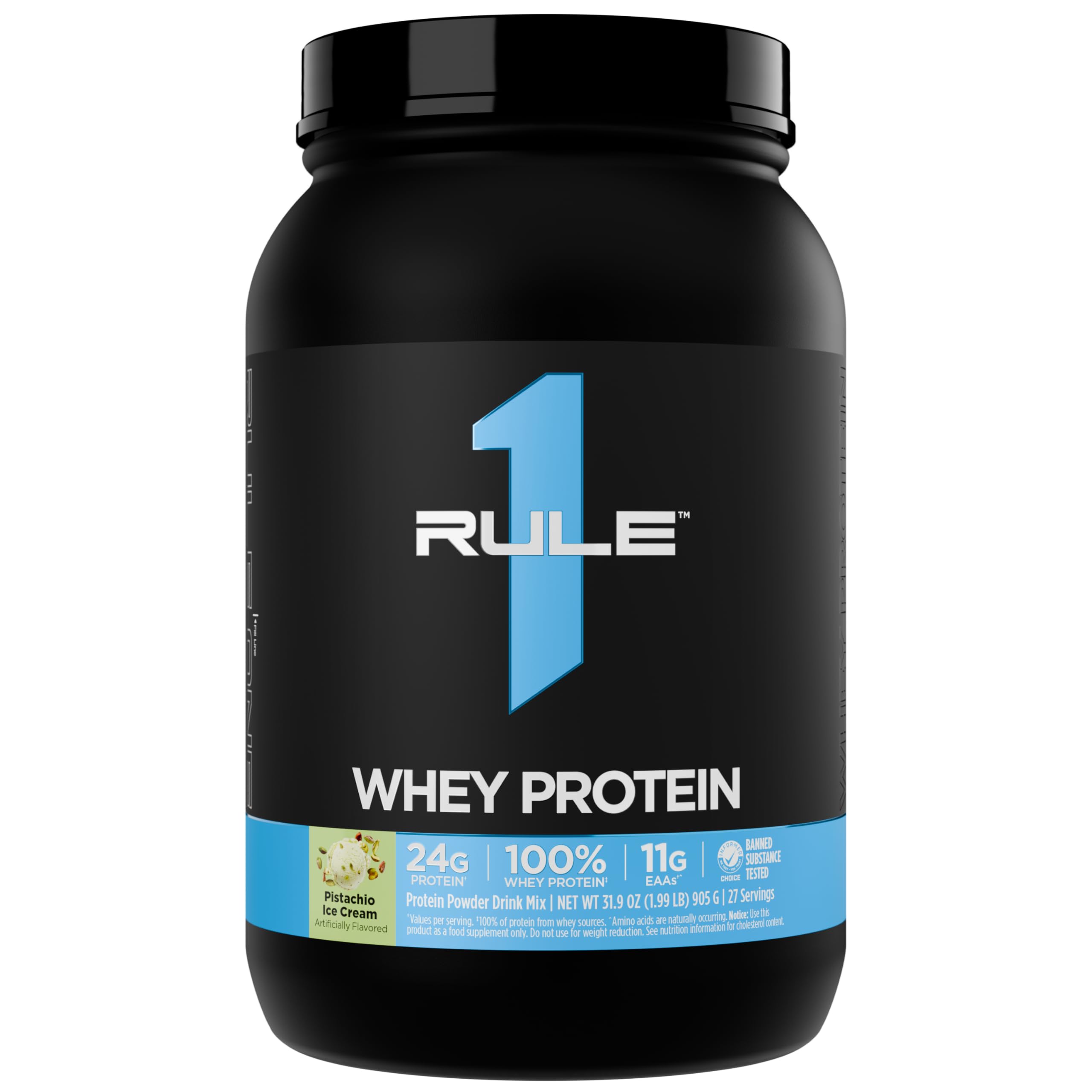 Rule 1 Whey Protein pistachio ice cream tub with creamy texture ideal for post-workout fueling.