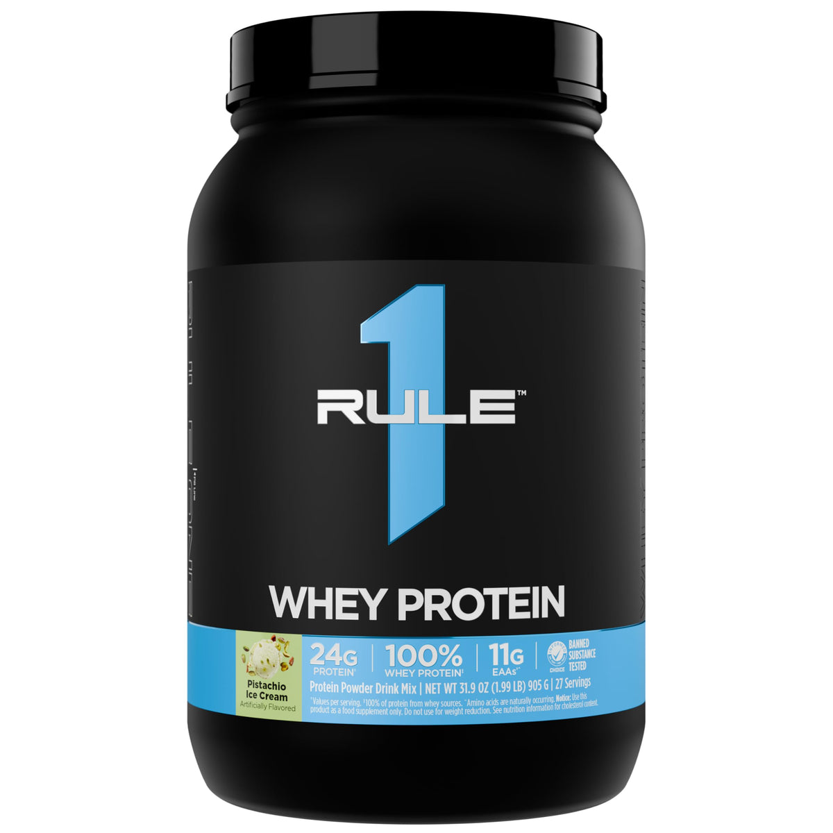 Rule 1 Whey Protein pistachio ice cream tub with creamy texture ideal for post-workout fueling.