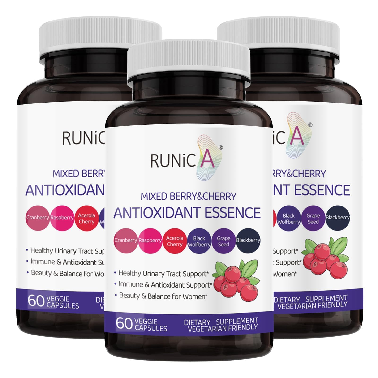 RUNICA 6X berry blend bottle highlighting antioxidant support for daily wellness