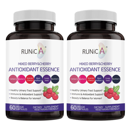 RUNICA 6X berry blend bottle showing radiant skin support from antioxidants.