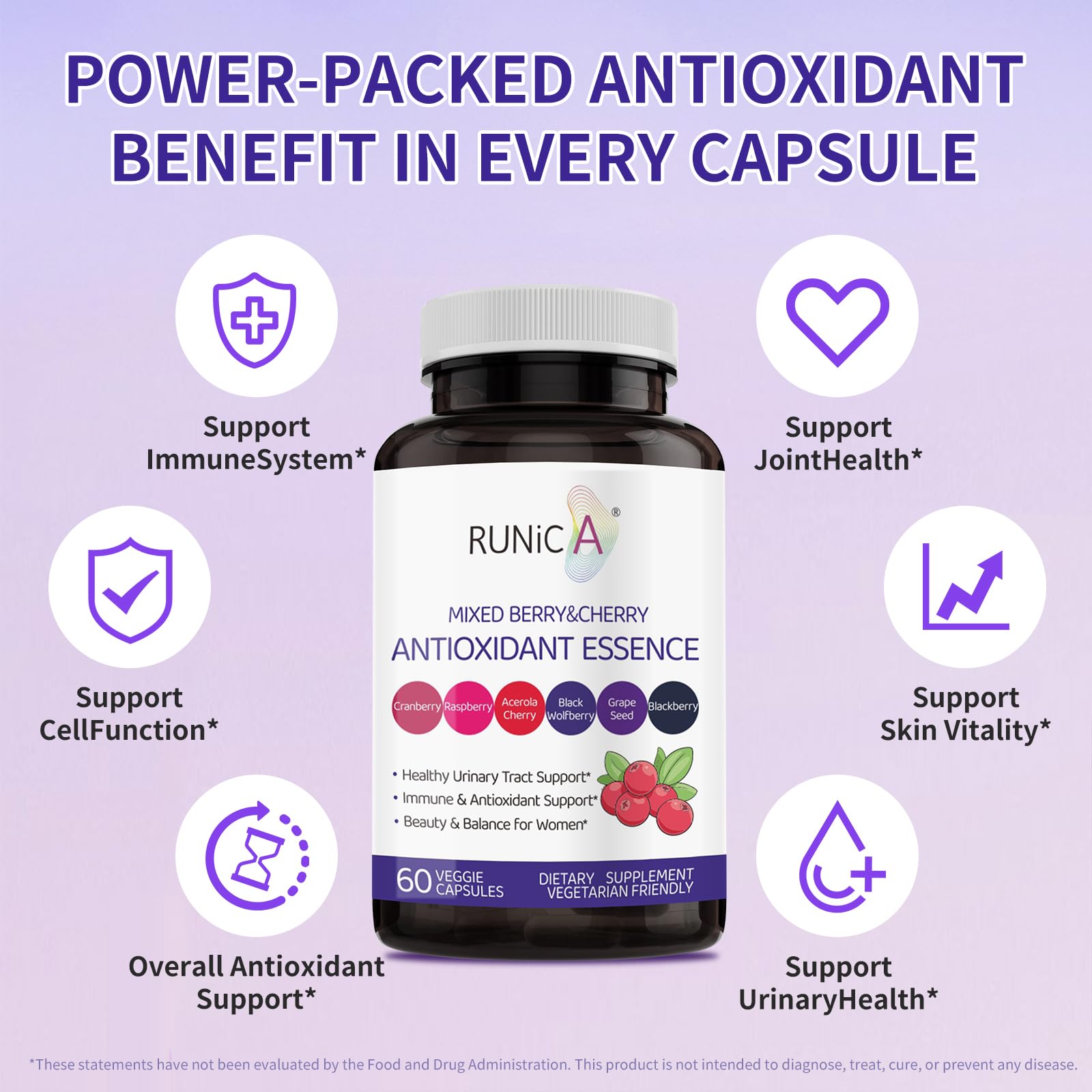 RUNICA berry capsules closeup shows vegan capsules for convenient daily use