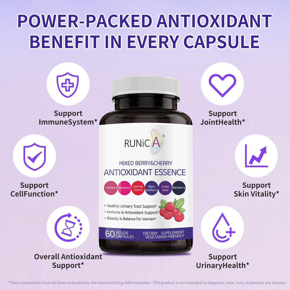 RUNICA berry capsules closeup shows vegan capsules for convenient daily use