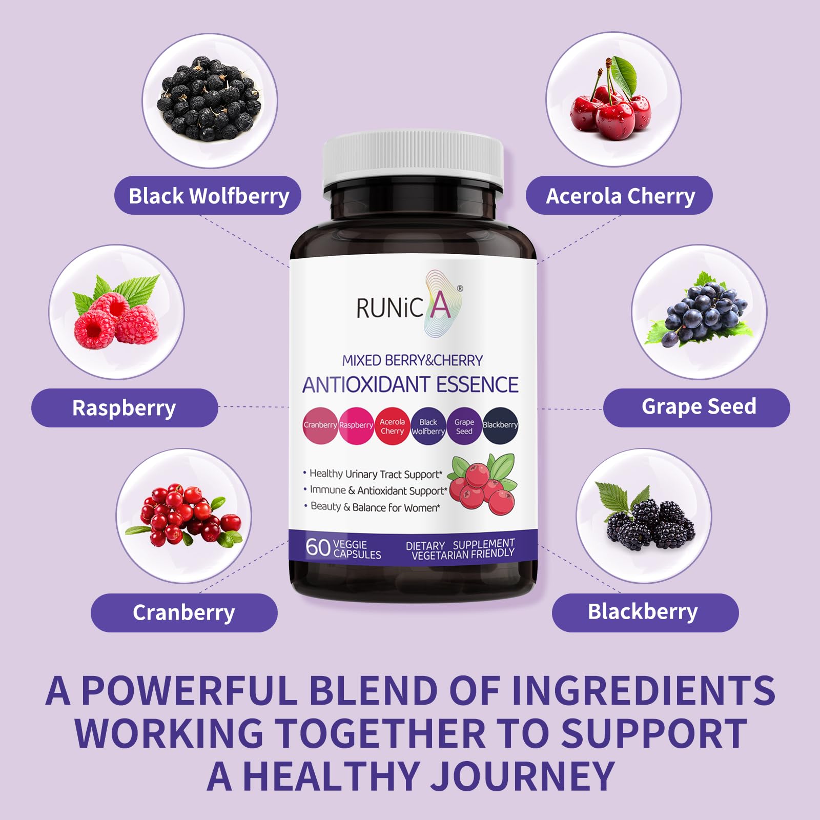 RUNICA cranberry-tart cherry extract label highlighting urinary comfort and immune resilience.