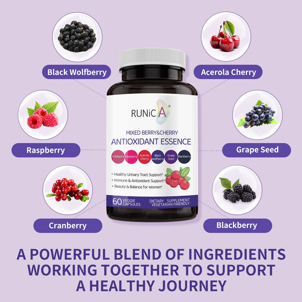 RUNICA cranberry-tart cherry extract label highlighting urinary comfort and immune resilience.