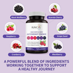 RUNICA cranberry-tart cherry extract label highlighting urinary comfort and immune resilience.