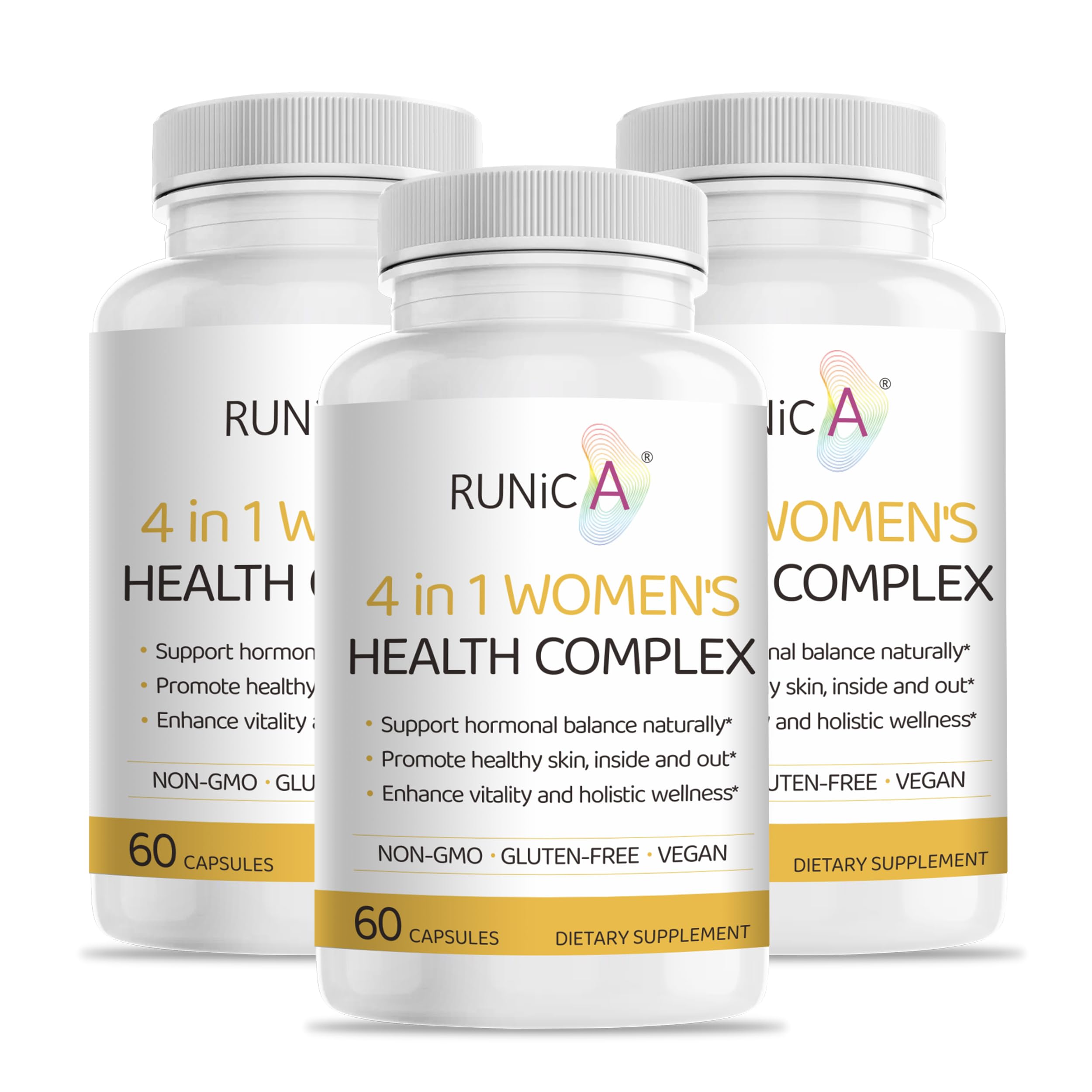 RUNICA Estro-Beauty bottle with capsules for hormonal balance and skin glow.