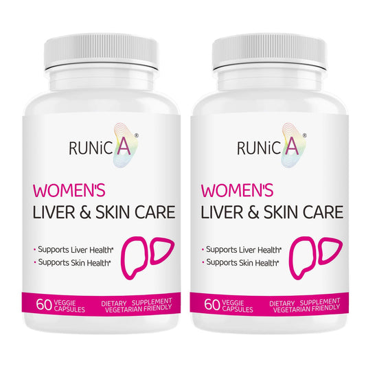 Runica liver support bottle close-up highlighting herbal blend for liver health and women's wellness
