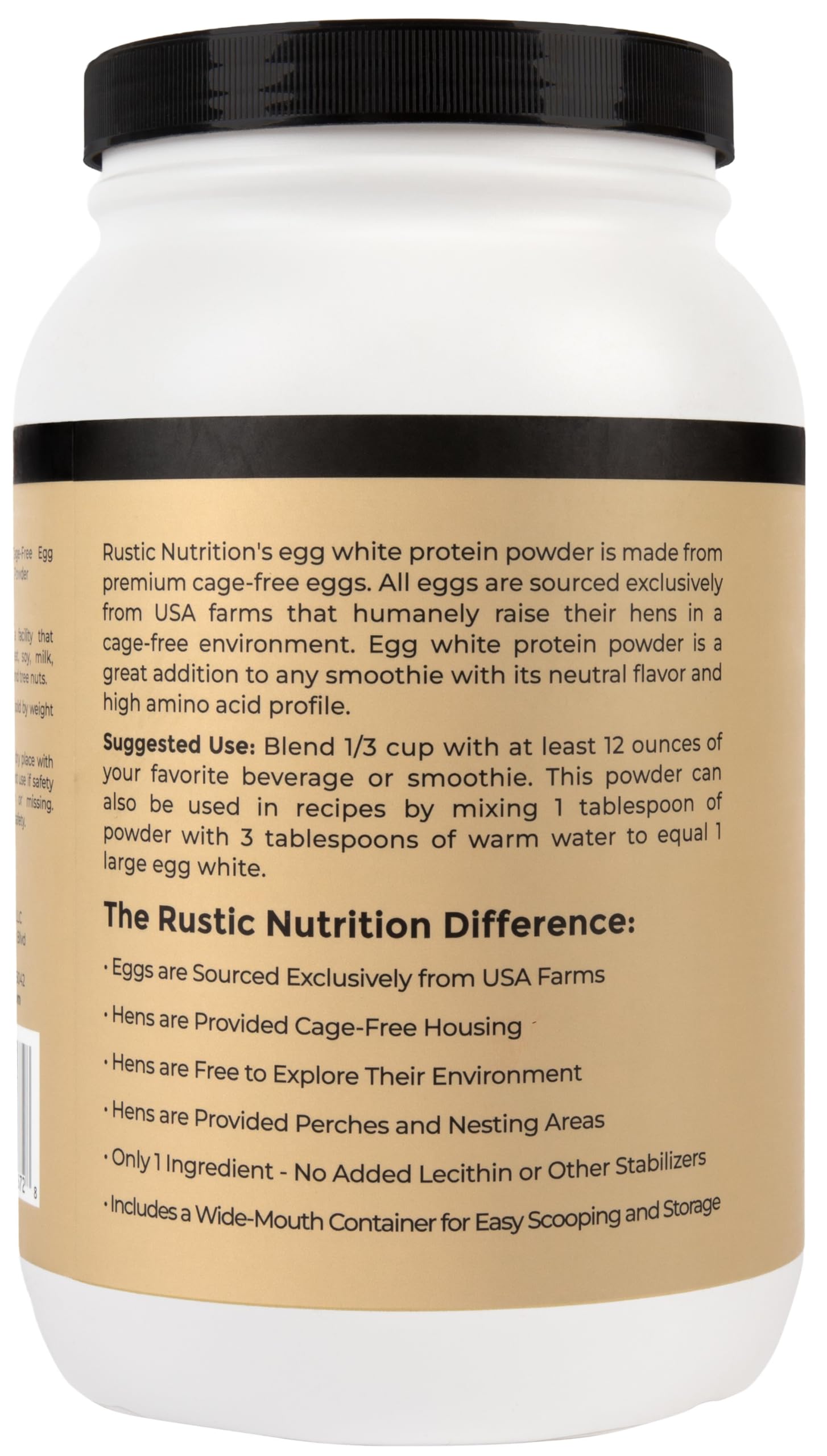 Rustic Nutrition egg white protein powder label close-up highlighting unflavored option