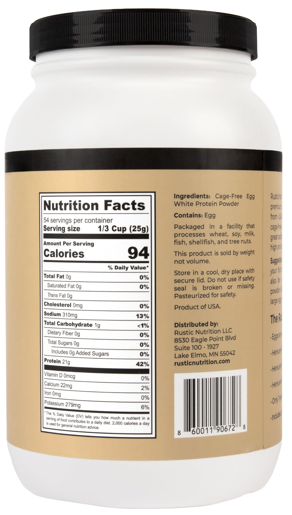 Rustic Nutrition egg white protein powder with glass and spoon for a protein boost