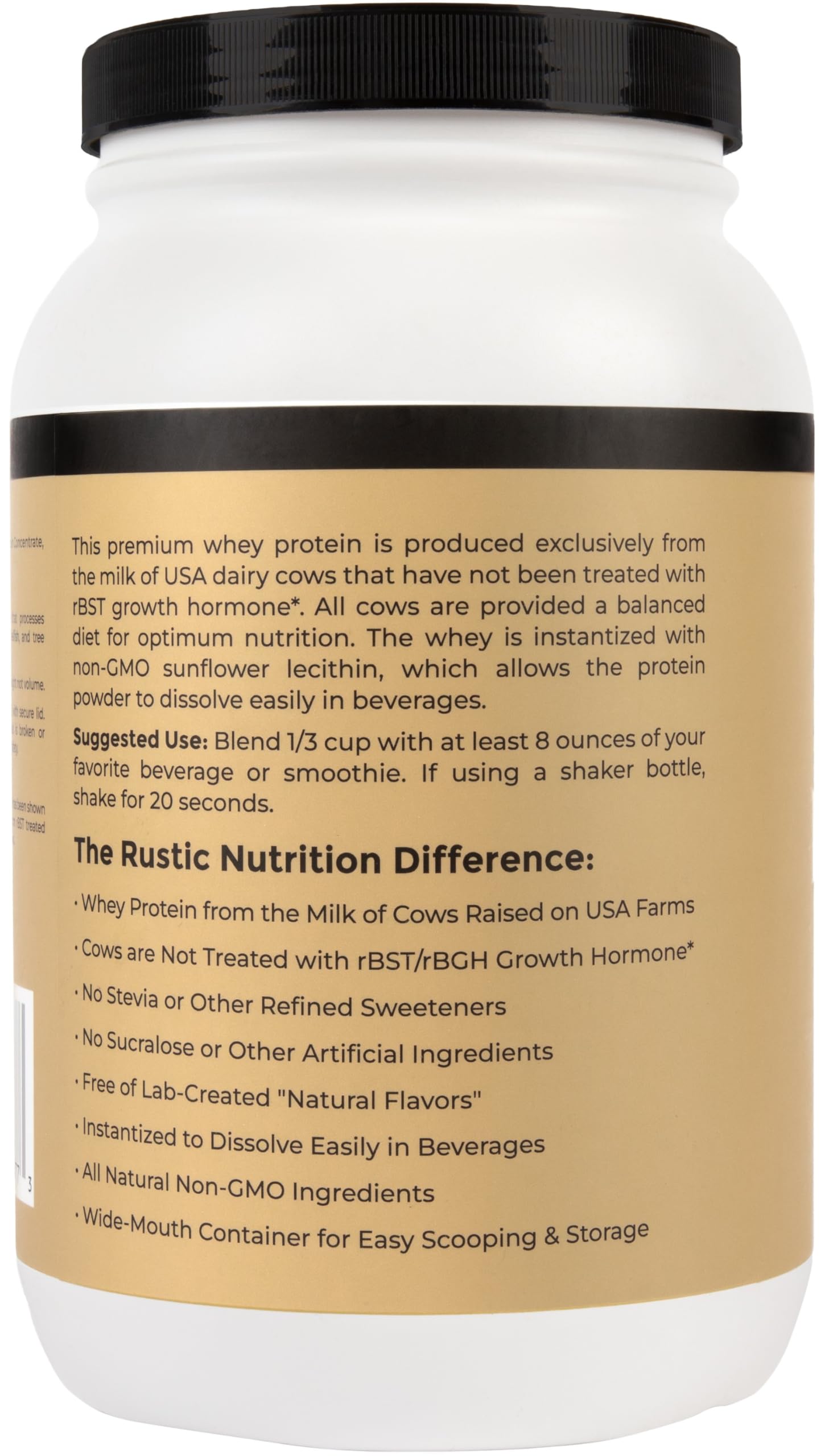 Rustic Nutrition Premium Whey Protein scoop in tub for convenient serving