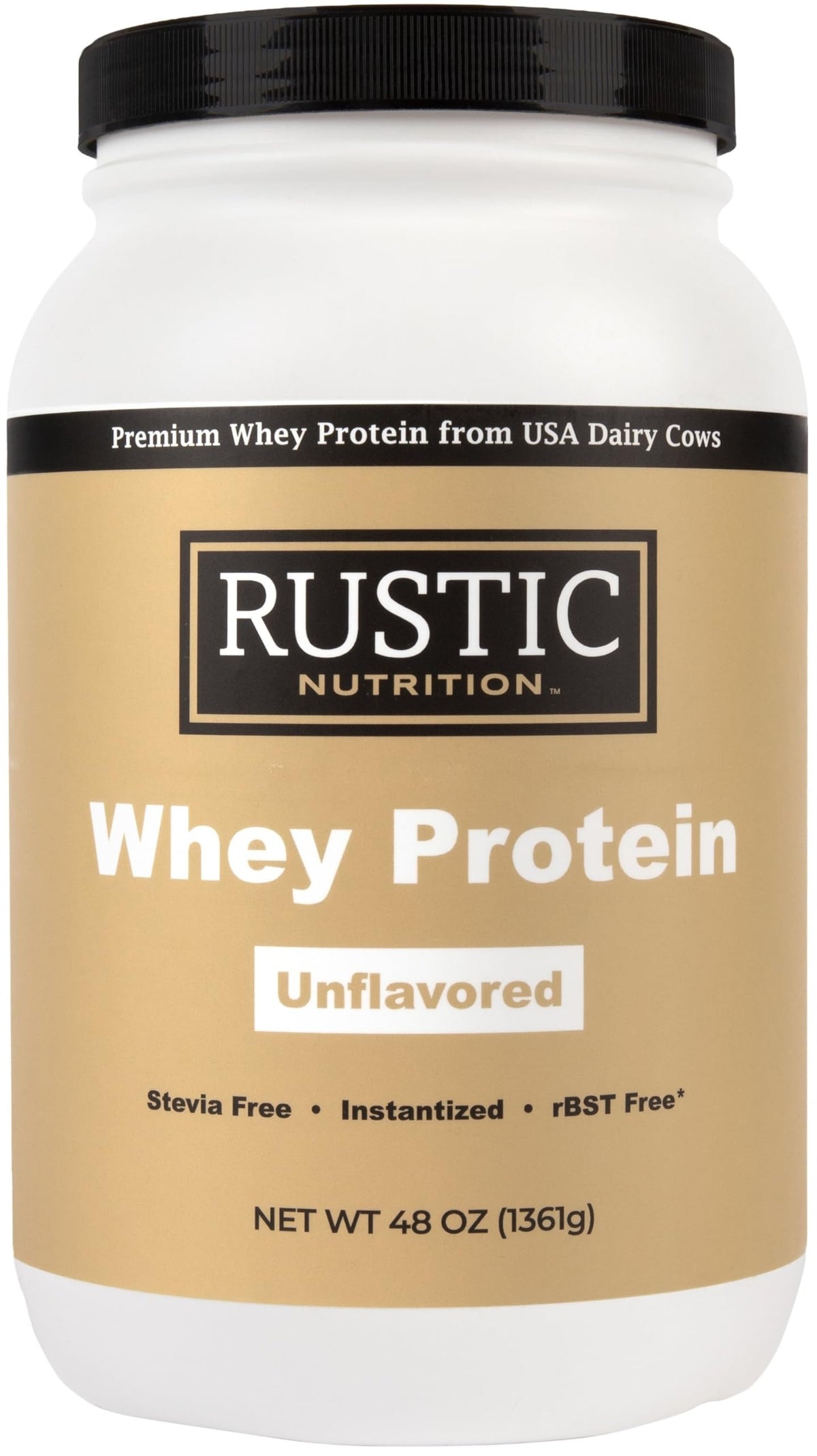 Rustic Nutrition Premium Whey Protein tub front, unflavored powder ideal for shakes