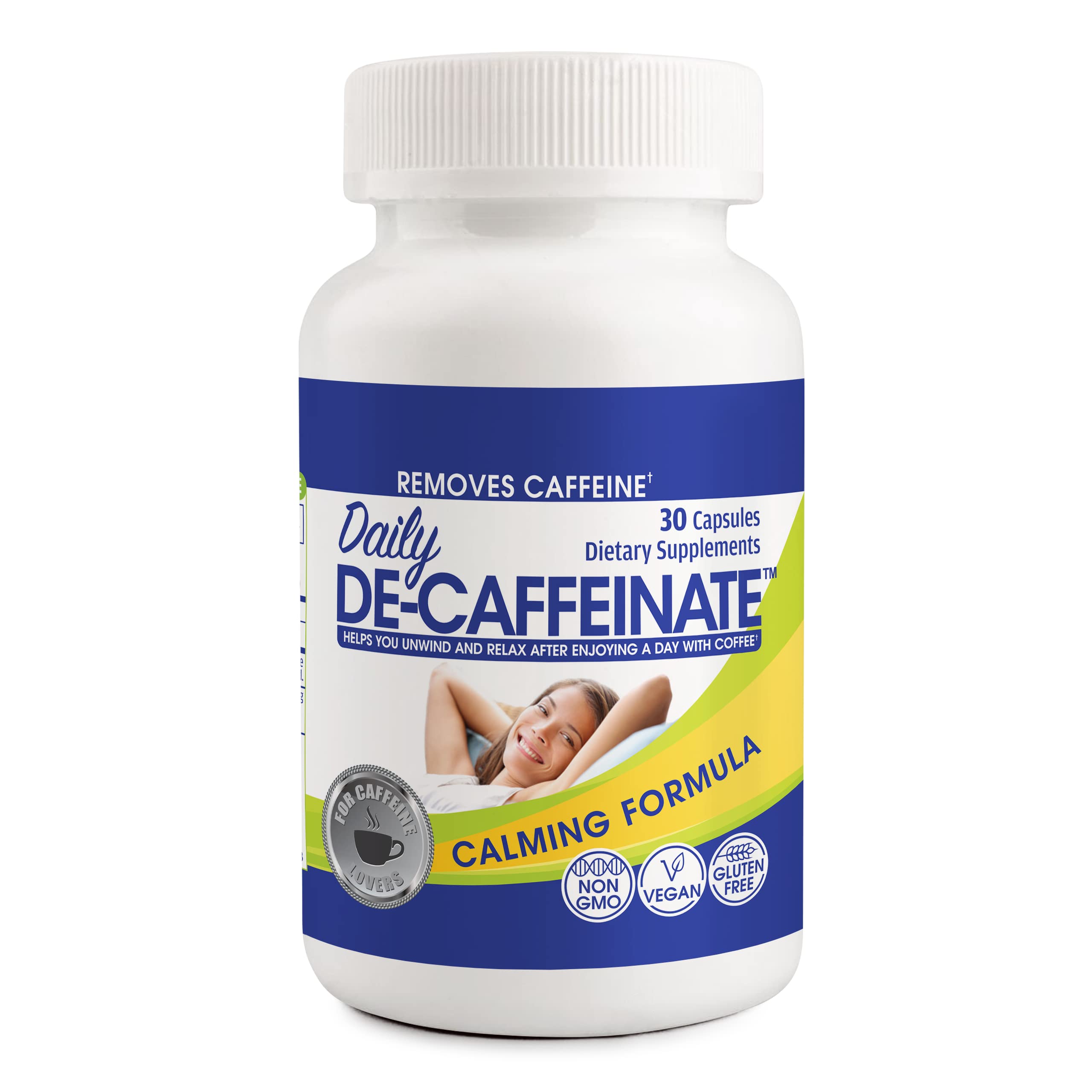 RUTA Daily De-Caffeinate bottle and capsules promoting calm after caffeine