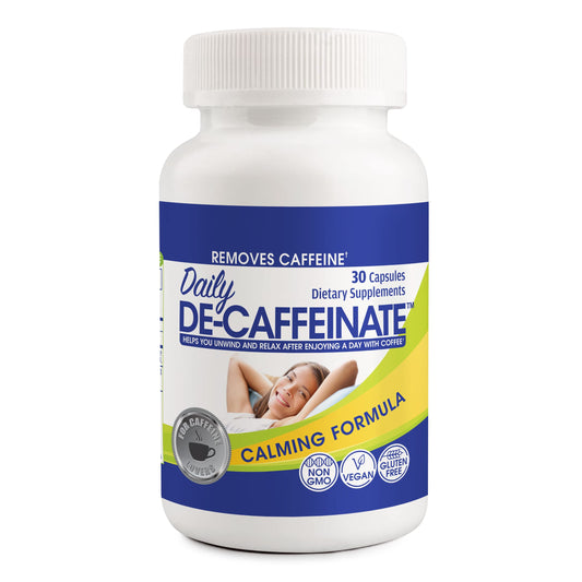 RUTA Daily De-Caffeinate bottle and capsules promoting calm after caffeine