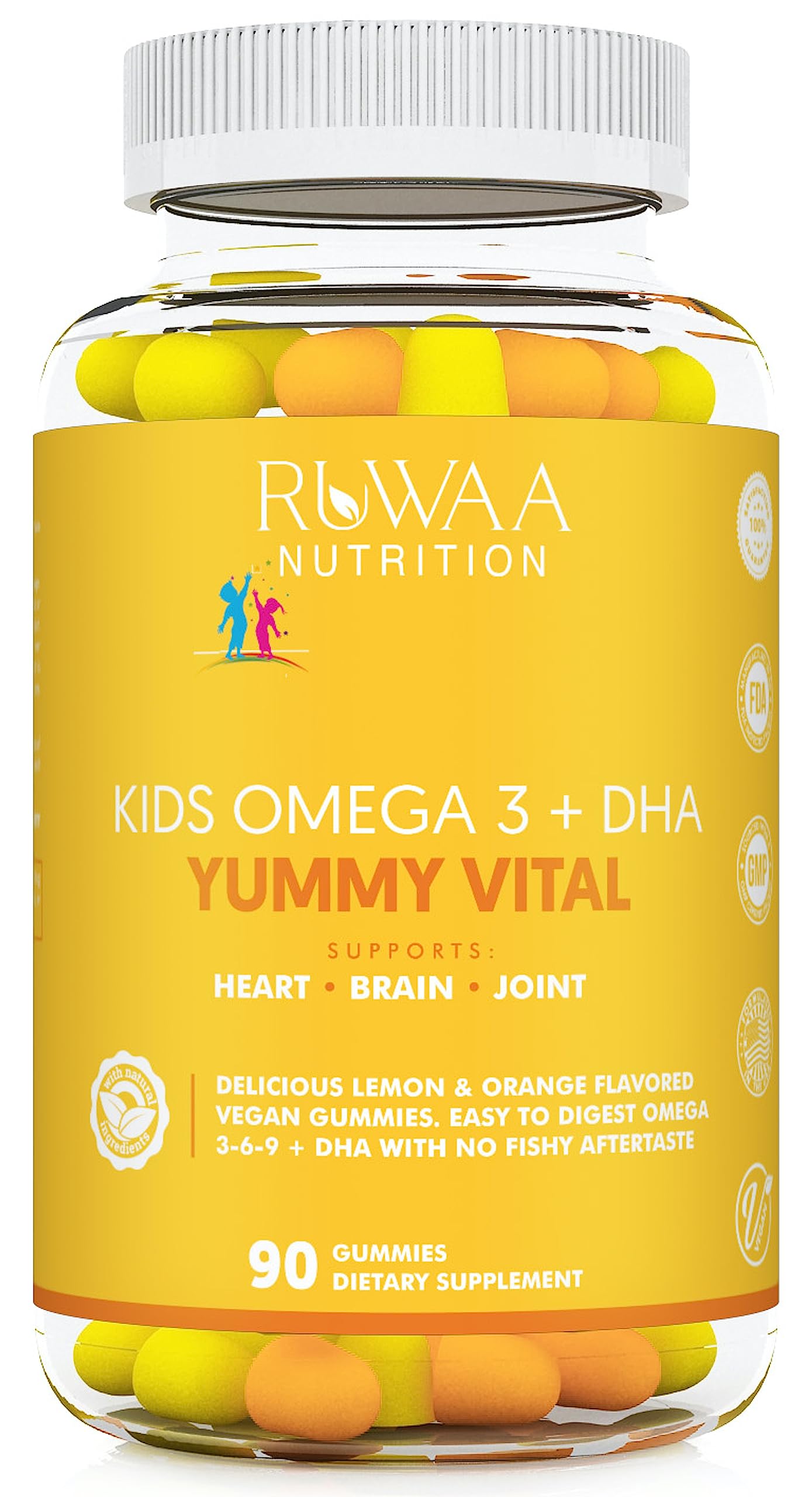 RUWAA NUTRITION Omega 3 6 9 kids gummies bottle supports healthy development.