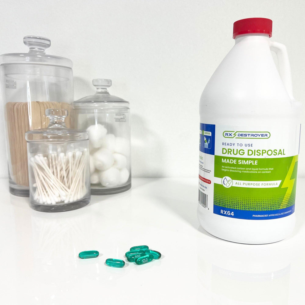 Rx Destroyer packaging label highlights disposal-first design