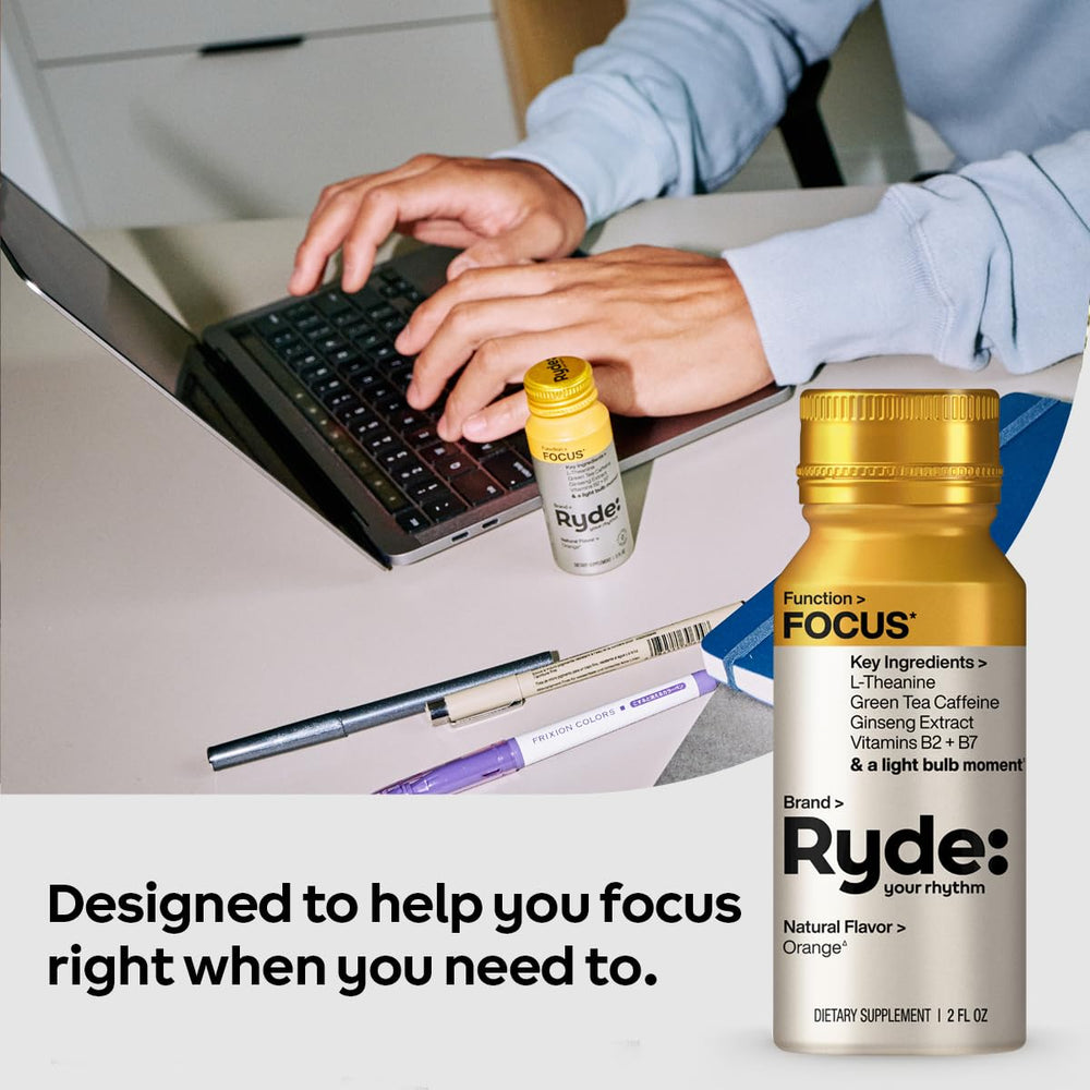 RYDE Focus Shot ingredients label highlights balanced blend of L-Theanine and green tea caffeine.