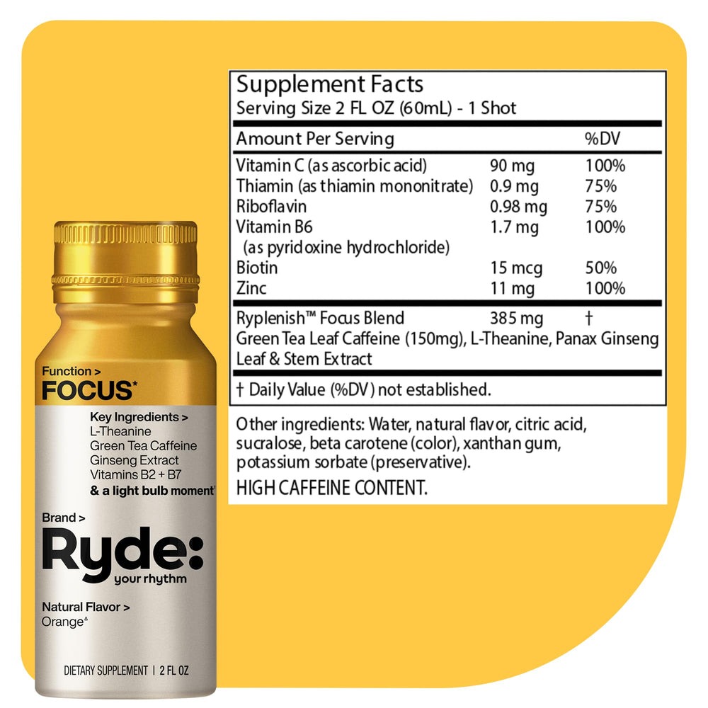 RYDE Focus Shot orange bottle open shows easy use during study sessions.