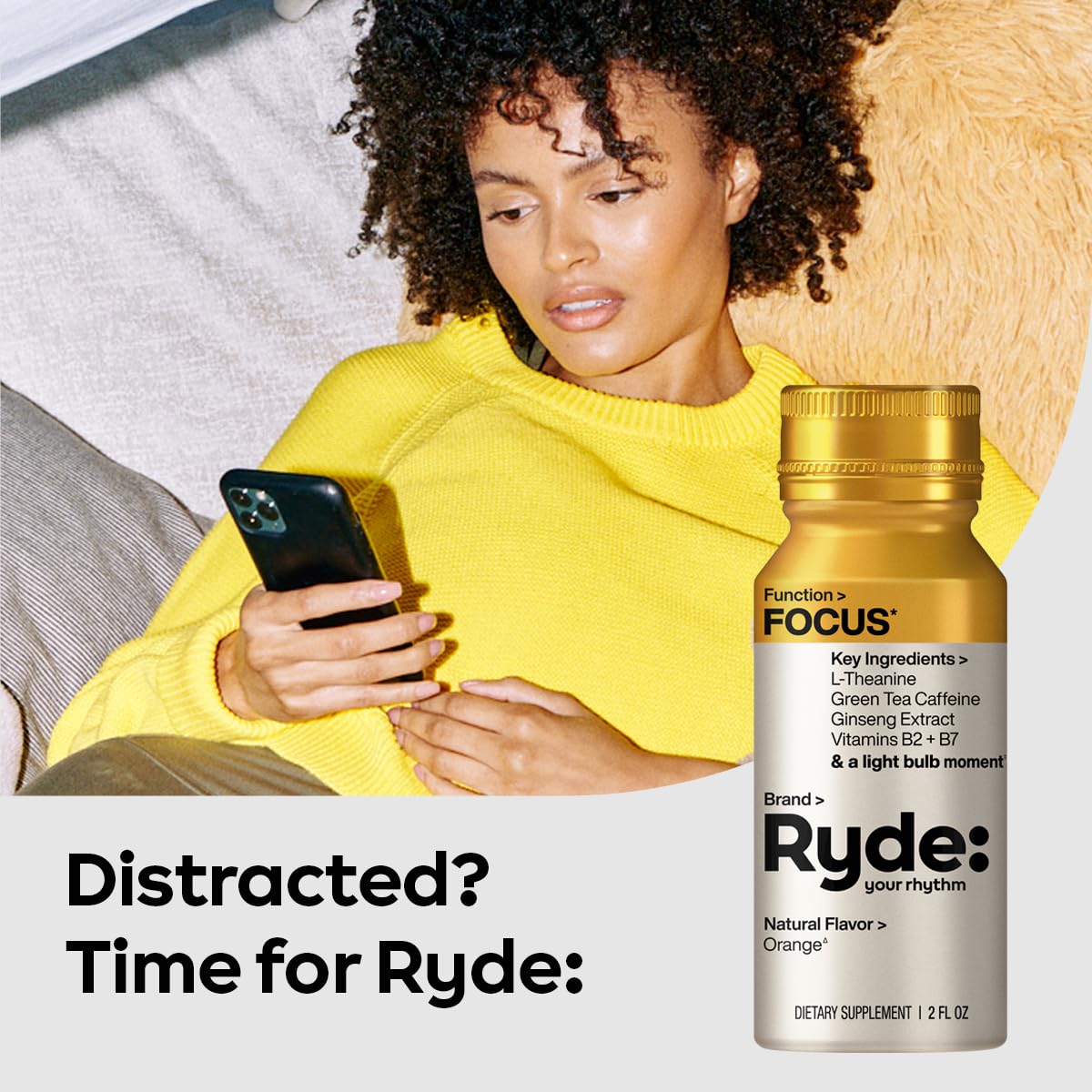 RYDE Focus Shot vegan gluten-free icons accompany branding.