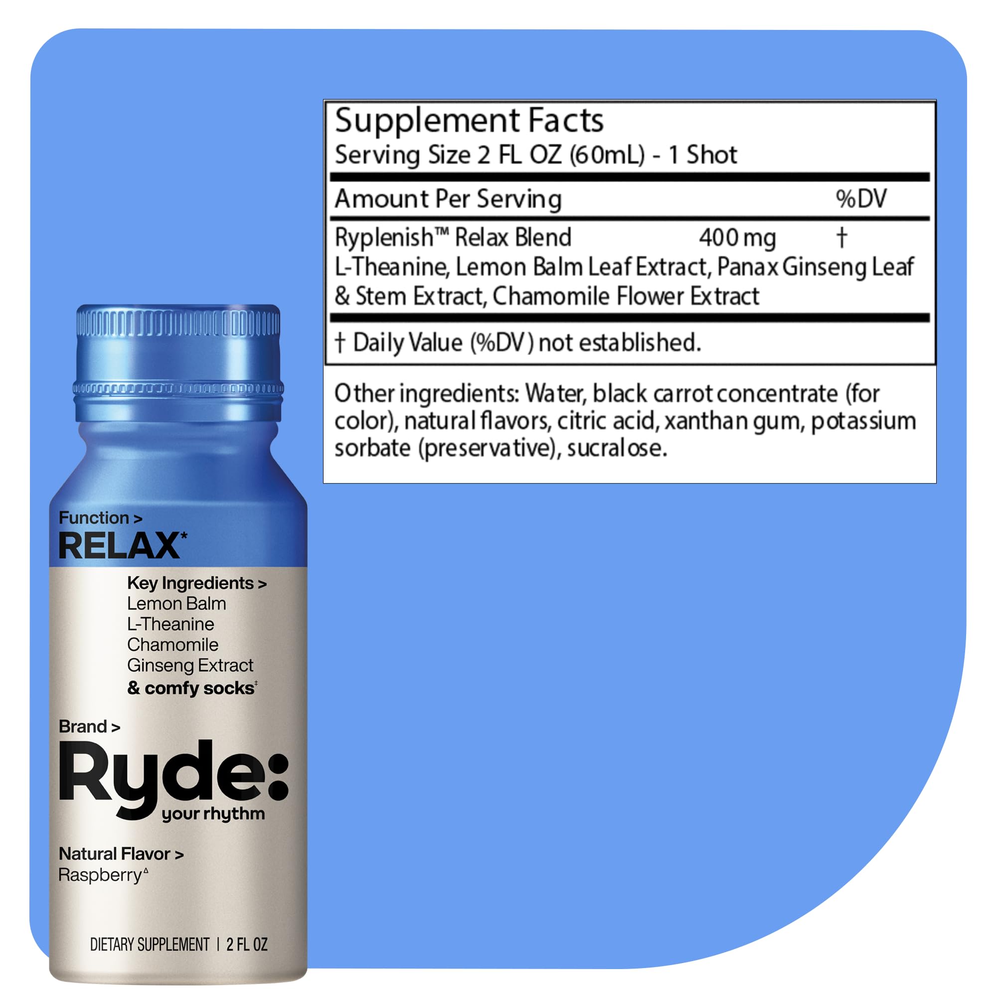 Ryde Relax Shot Raspberry bottle label highlighting natural ingredients