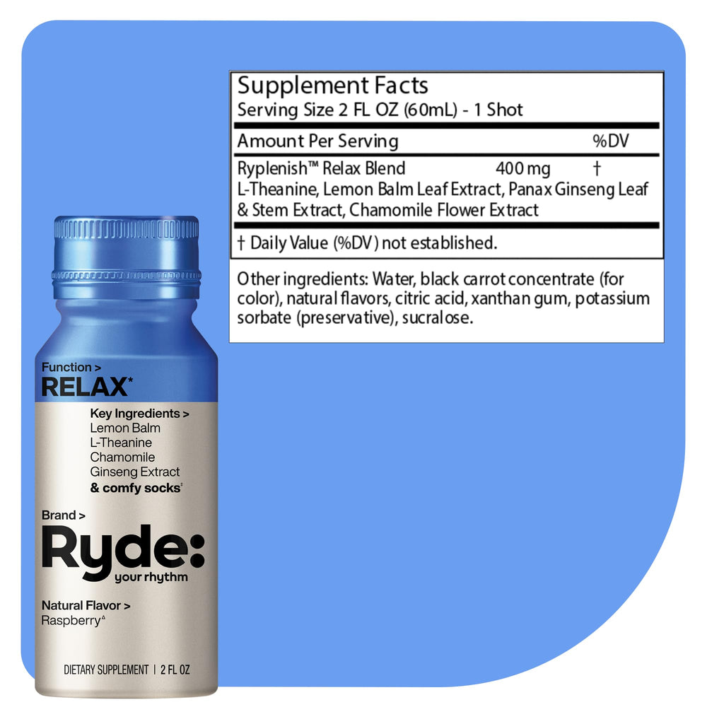 Ryde Relax Shot Raspberry bottle label highlighting natural ingredients